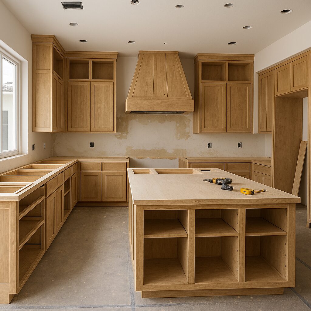 Kitchen renovation in La Quinta showing a modern open-concept design with light cabinetry, contractor plans, and organized layout to highlight common remodeling mistakes. Kitchen renovation in La Quinta showing a modern open-concept design with light cabinetry, contractor plans, and organized layout to highlight common remodeling mistakes.