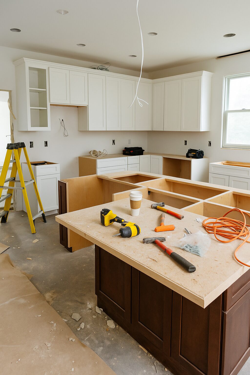 Modern kitchen renovation in Palm Desert with bright natural lighting, white cabinetry, and seasonal construction planning documents on the counter. Modern kitchen renovation in Palm Desert with bright natural lighting, white cabinetry, and seasonal construction planning documents on the counter.