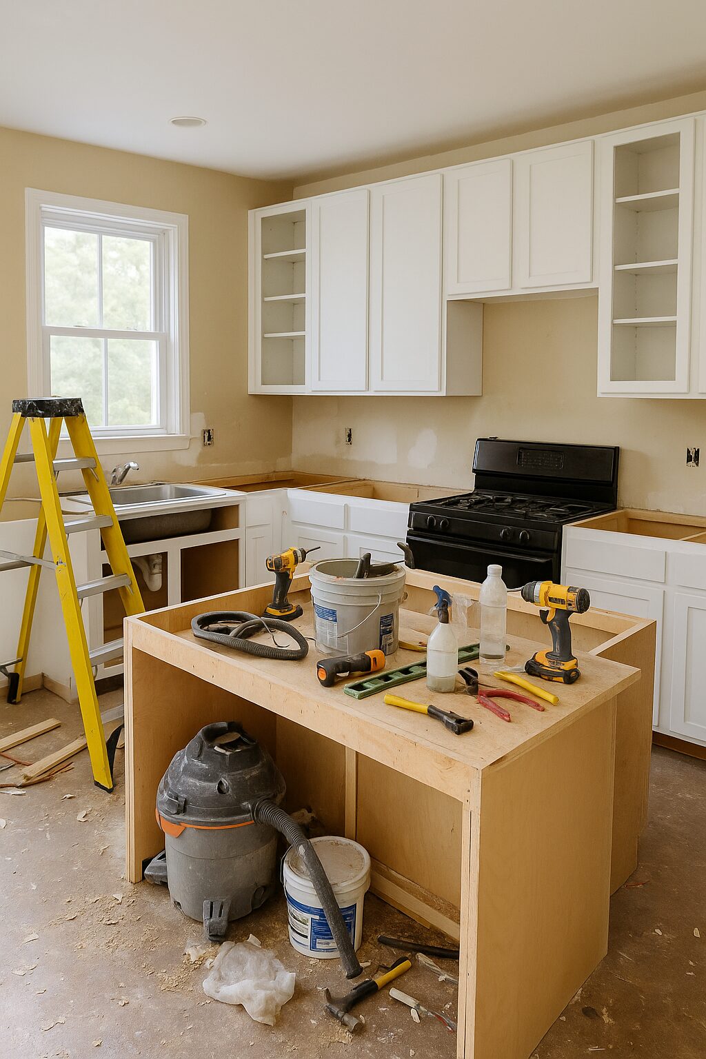 Modern kitchen renovation in Palm Desert with bright natural lighting, white cabinetry, and seasonal construction planning documents on the counter. Modern kitchen renovation in Palm Desert with bright natural lighting, white cabinetry, and seasonal construction planning documents on the counter.