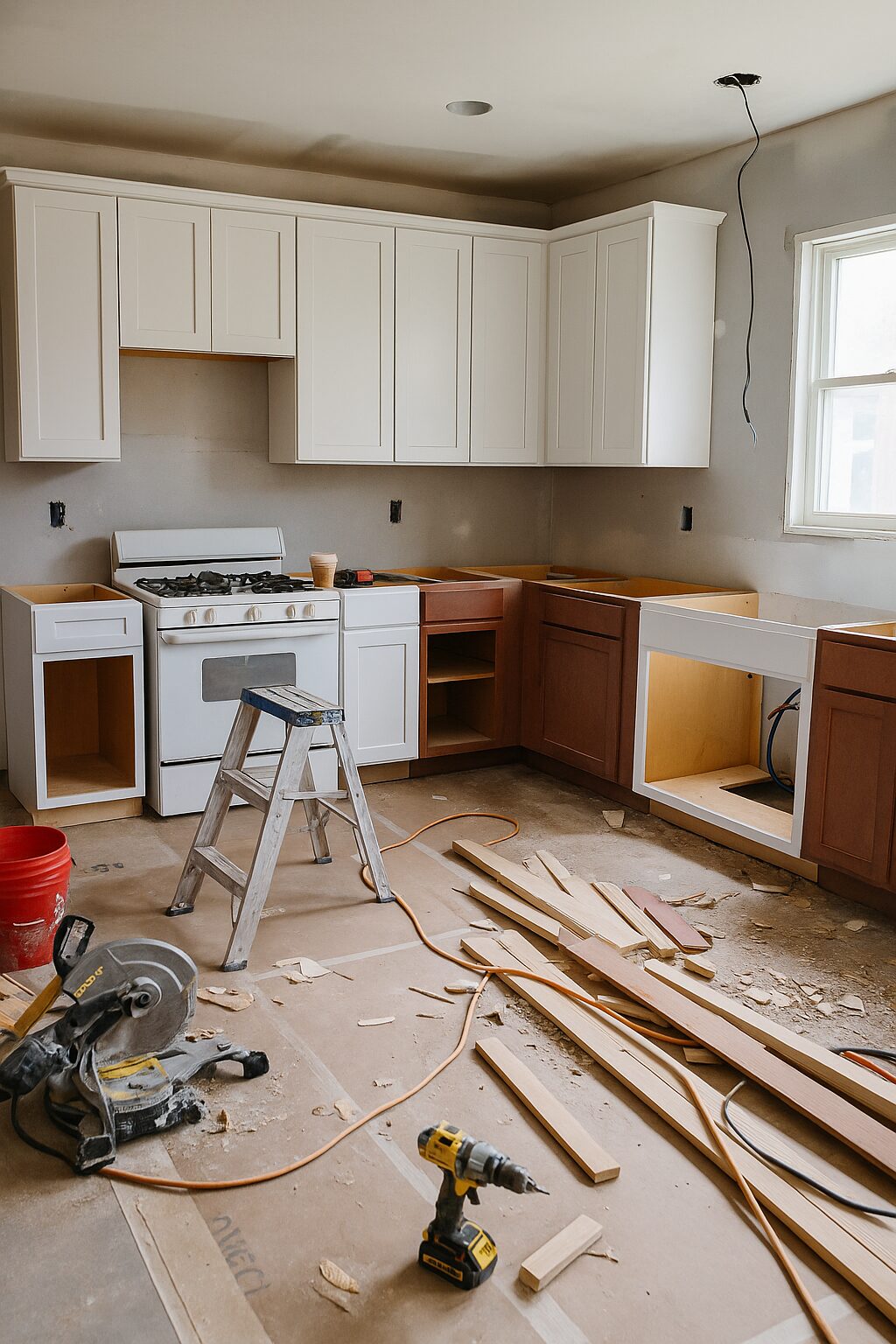 Palm Springs homeowner meeting with a kitchen contractor, reviewing plans for a modern desert-style kitchen remodel.