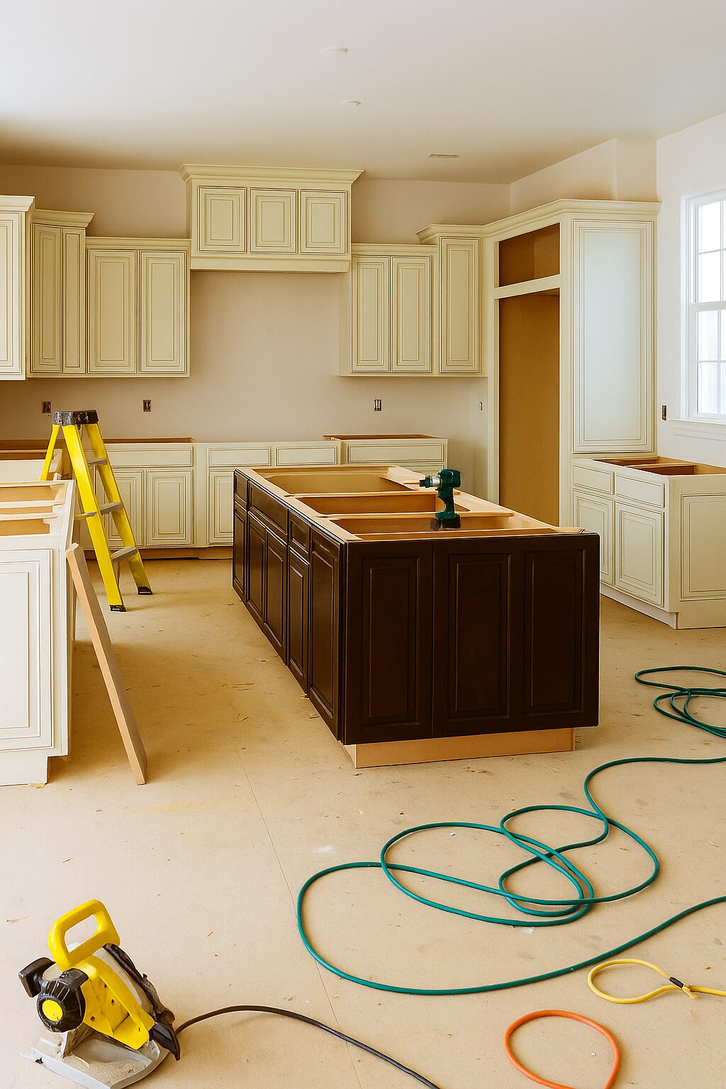  Palm Springs homeowner meeting with a kitchen contractor, reviewing plans for a modern desert-style kitchen remodel.